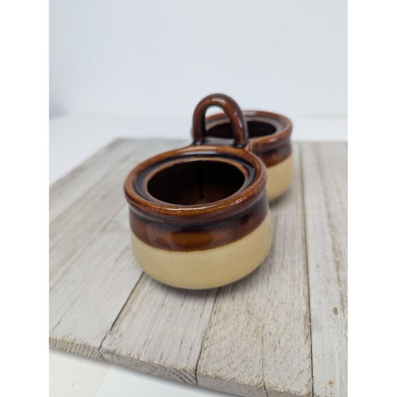 Vintage Brown Glazed Stoneware Double Condiment Sauce Pot W/ Lids Spoons Taiwan - Picture 7 of 11